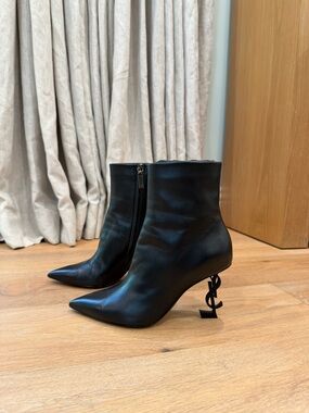 Saint Laurent Opyum YSL Heel Black Leather Ankle Boots